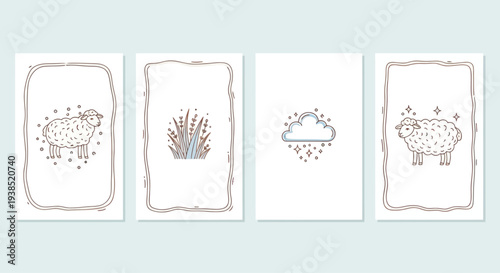 Cute Hand-Drawn Sheep and Cloud Illustrations on Cards