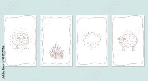 Cute Sheep and Cloud Line Art Cards, Minimalist Design, Pastel Colors