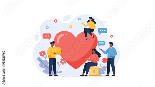 Charity and donation concept with people giving money to a large heart representing kindness and community support.