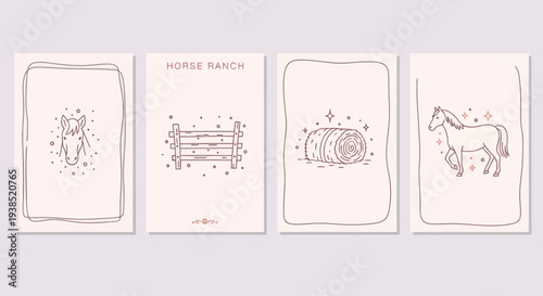 Hand-drawn horse ranch illustrations on cards: fox, fence, hay bale, horse