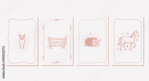 Hand-Drawn Horse, Owl, Hay Bale & Fence Illustrations on Pink Background