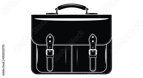 A detailed black and white illustration of a classic leather briefcase with buckle straps high quality