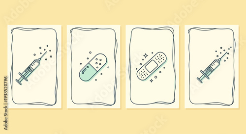 Medical Icons: Syringe, Capsule, Bandage - Healthcare and Medicine Concept