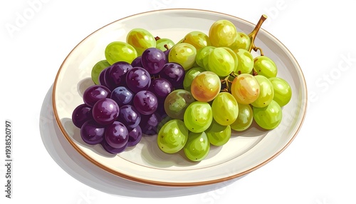 Two grape bunches, one purple, one green, resting upon a simple white plate with a thin tan rim