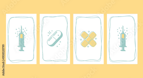 Medical Icons: Syringe, Pill, Bandages - Healthcare and Wellness Concept