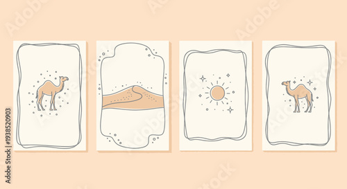 Desert Caravan Cards: Camels, Dunes, and Sun Icons