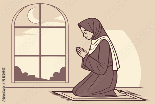 Muslim Woman Kneeling in Prayer at Night