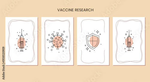 Vaccine Research and Development Concept - Syringe, Virus, Shield Icons
