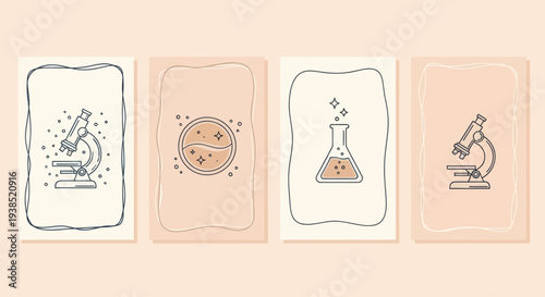 Minimalist Science Icons: Microscope, Flask, Petri Dish on Beige Background