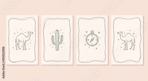 Desert Caravan and Compass Icons Set on Beige Background, Minimalist Line Art
