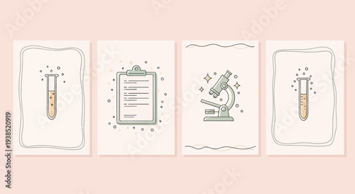 Science Laboratory Illustrations: Test Tubes, Microscope, Clipboard - Pastel Colors