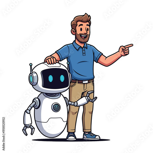 Optimistic man and his advanced AI companion robot demonstrating a vision of technological collaboration and smart assistance for innovative solutions