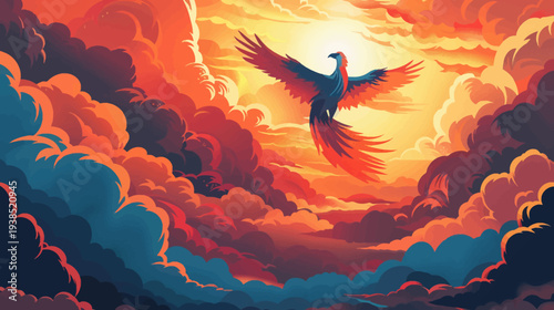 Majestic phoenix soaring through fiery sky amidst clouds vector illustration