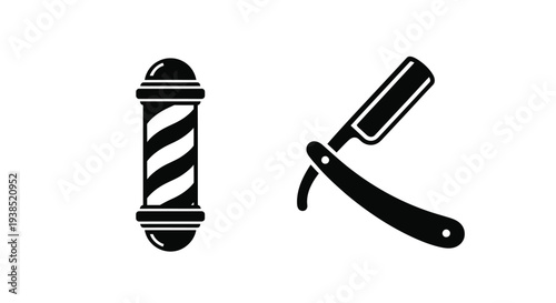 Barber pole and straight razor design in black silhouette