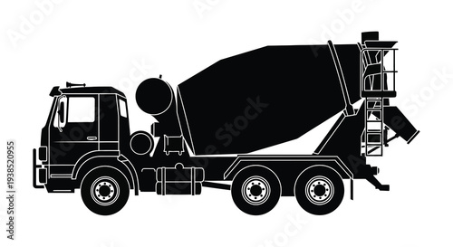 A detailed black silhouette of a concrete mixer truck showcasing its industrial design high quality professional