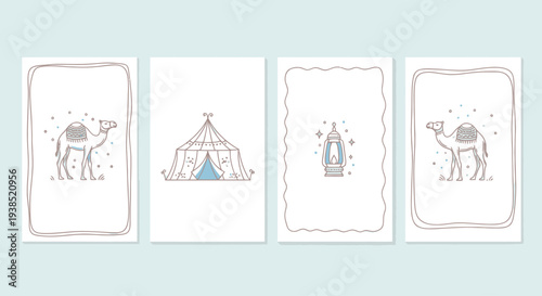 Desert Caravan and Tent Line Art - Middle Eastern Travel Design Elements