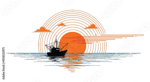 Minimalist illustration of a silhouetted boat sailing into a vibrant orange sunset over the sea