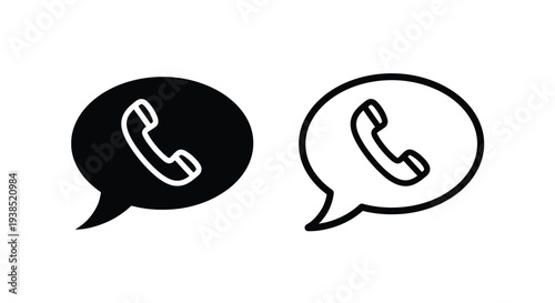 Two speech bubbles with telephones a filled and outlined silhouette
