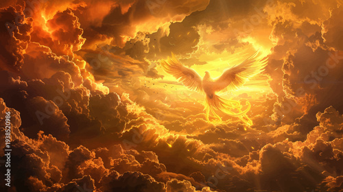 Fiery phoenix soaring through dramatic clouds with golden glowing light