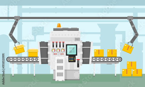 Modern Industrial Automated Factory Conveyer belt Interior with Robotic Assembly Line Manufacturing Process and Packaging Vector Flat Color Cartoon Illustration