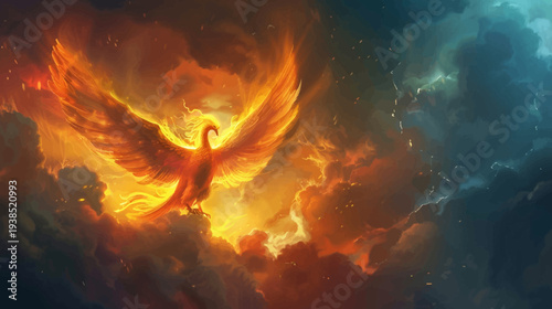 Fiery phoenix soaring through dramatic clouds against a starry night sky
