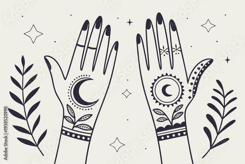 Mystical Hands with Celestial and Botanical Designs