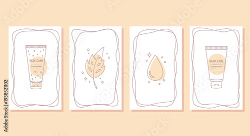 Natural Skincare Line Art: Tube, Leaf, Drop, and Label Designs