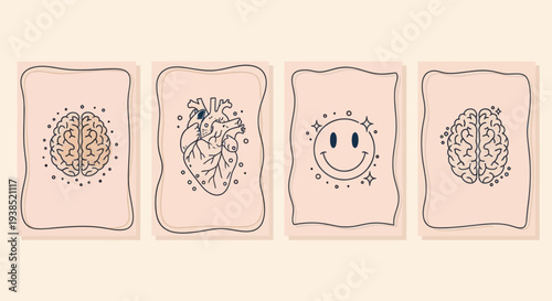 Boho Style Illustrations: Brain, Heart, Smiley Face, Brain on Beige Background
