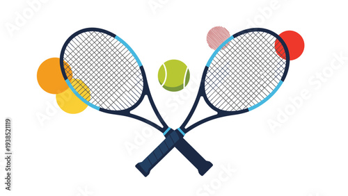 Two professional tennis rackets crossed with various colorful tennis balls for sports equipment and competition concept.