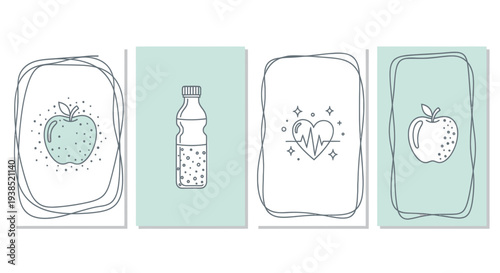 Healthy Lifestyle Icons: Apple, Water Bottle, Heartbeat Monitor, Apple
