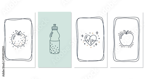 Healthy Lifestyle Icons: Apple, Water Bottle, Heartbeat, Apple - Doodle Style