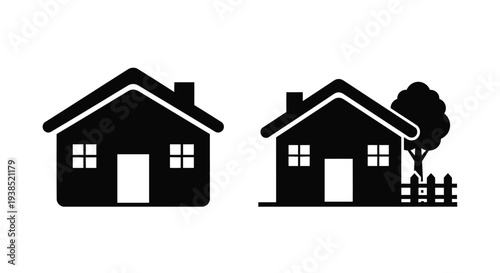 Two simple house icons with differing details a stark silhouette