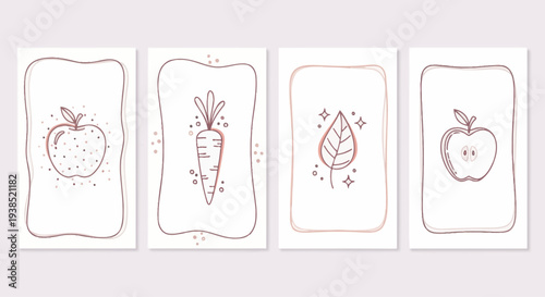 Hand-drawn Apple, Carrot, and Leaf illustrations in decorative frames