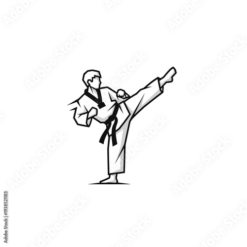 Man in karate uniform performing a high kick.