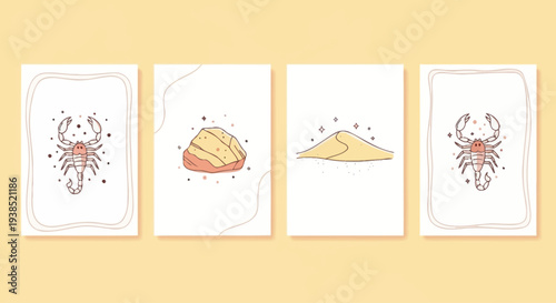 Scorpio zodiac sign, desert symbols, astrology illustrations, minimalist design