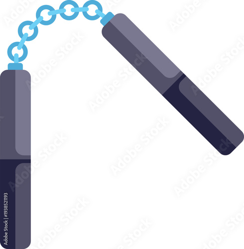 Classic martial arts nunchaku weapon featuring dual sticks linked by a blue chain