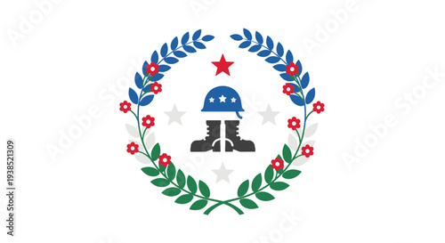 Symbol of Military Service and Sacrifice Featuring a Laurel Wreath Military Helmet Combat Boots and Stars on a White Background