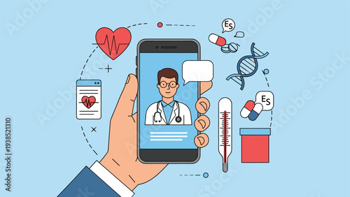 Male doctor providing a medical consultation via a smartphone screen surrounded by various healthcare and diagnostic symbols.
