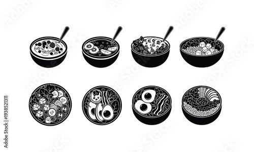 Black and white illustration of four different bowls of japanese ramen