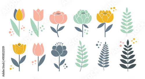 Delicate Floral Arrangements with Soft Pastel Tulips and Botanical Leaf Sprigs in a Charming Mid century Modern Decorative Motif