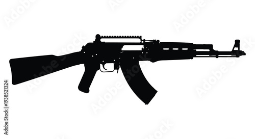 Silhouette of an ak 47 assault rifle against a plain white background showcasing its iconic form
