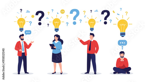 Diverse group of people brainstorming together with question marks and lightbulbs appearing above their heads to symbolize ideas.