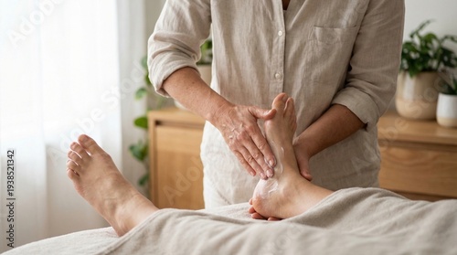 Massage therapist working on client's ankle while indoors at home  