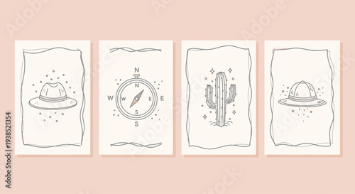 Retro Western Vintage Postcards: Cowboy Hat, Compass, Cactus, Desert Theme