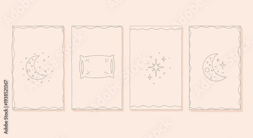 Dreamy Sleep Icons: Moon, Pillow, Stars on Beige Background
