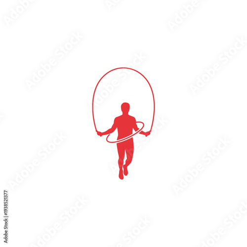 Silhouette of a person jumping with a hula hoop in red.