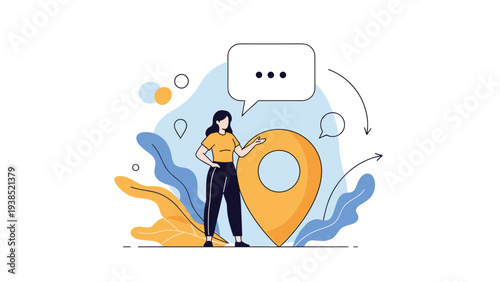 Young woman standing next to a large yellow location pin icon while pointing at it for navigation and travel concepts.