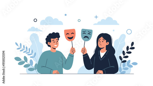 Man and woman standing together and holding theatrical masks with happy and sad expressions to represent emotions or acting.