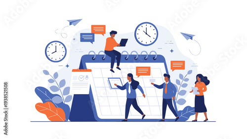 Business team coordinating work tasks and schedules around a large blue desk calendar with clocks and floating speech bubbles.