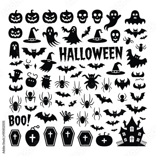 Assorted halloween icons and spooky shapes in dark silhouette